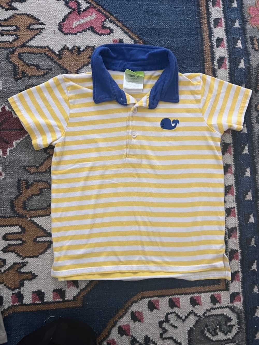 Classic whimsy yellow striped whale Yellow & White Polo with Blue Collar 4T